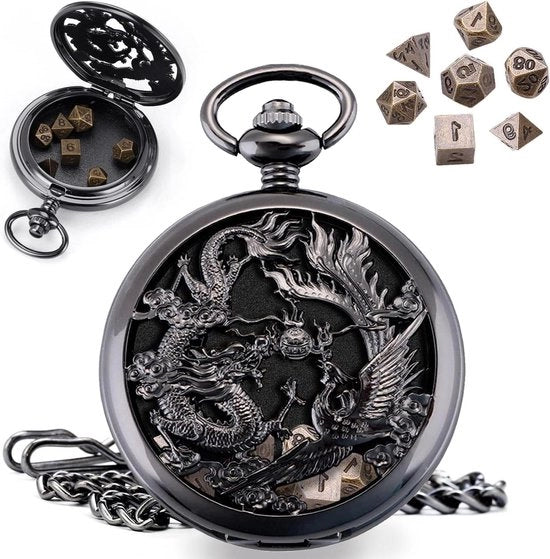 Orologio da polso uomo con catena manuale, drago fenice scheletro romano, Ta-a & Dnd Cubo Drago - Nero steampunk