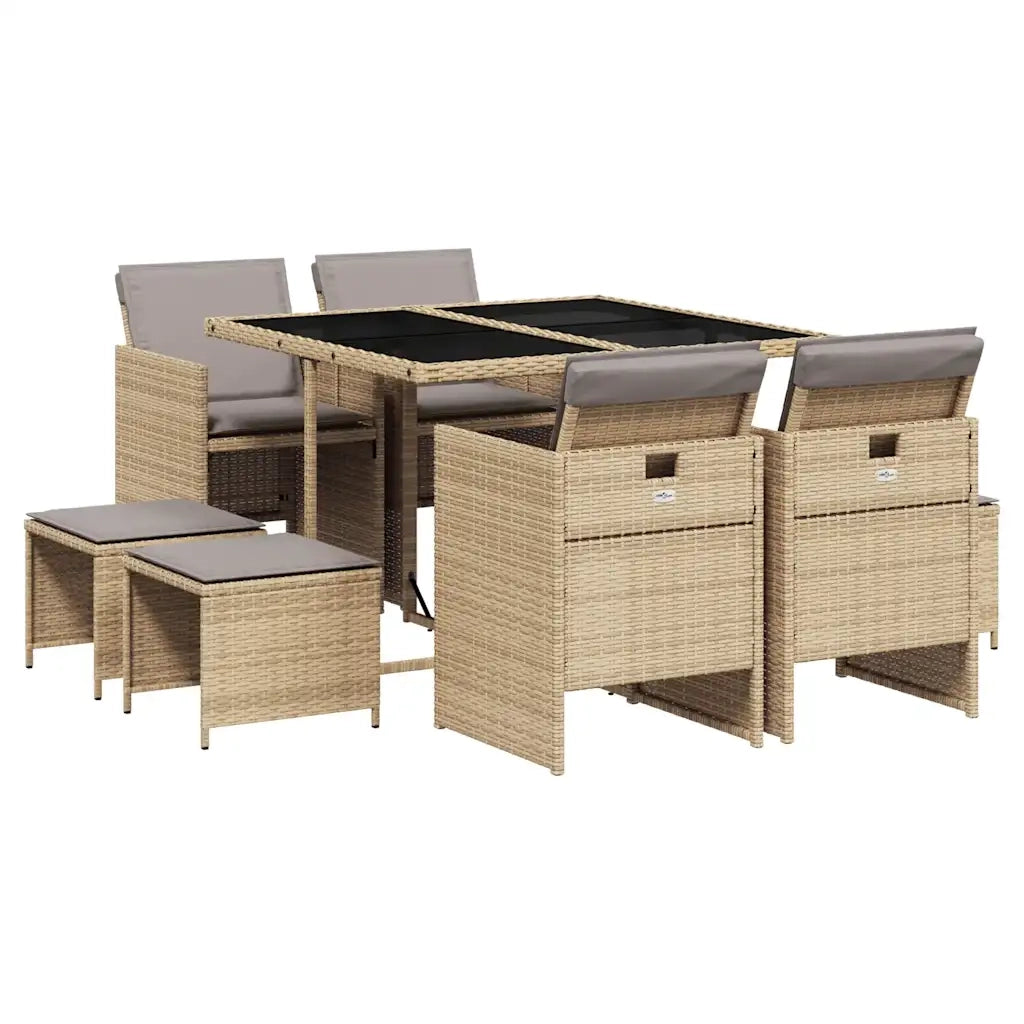 Set Pranzo da Giardino 9 pz con Cuscini Beige Misto Polyrattan