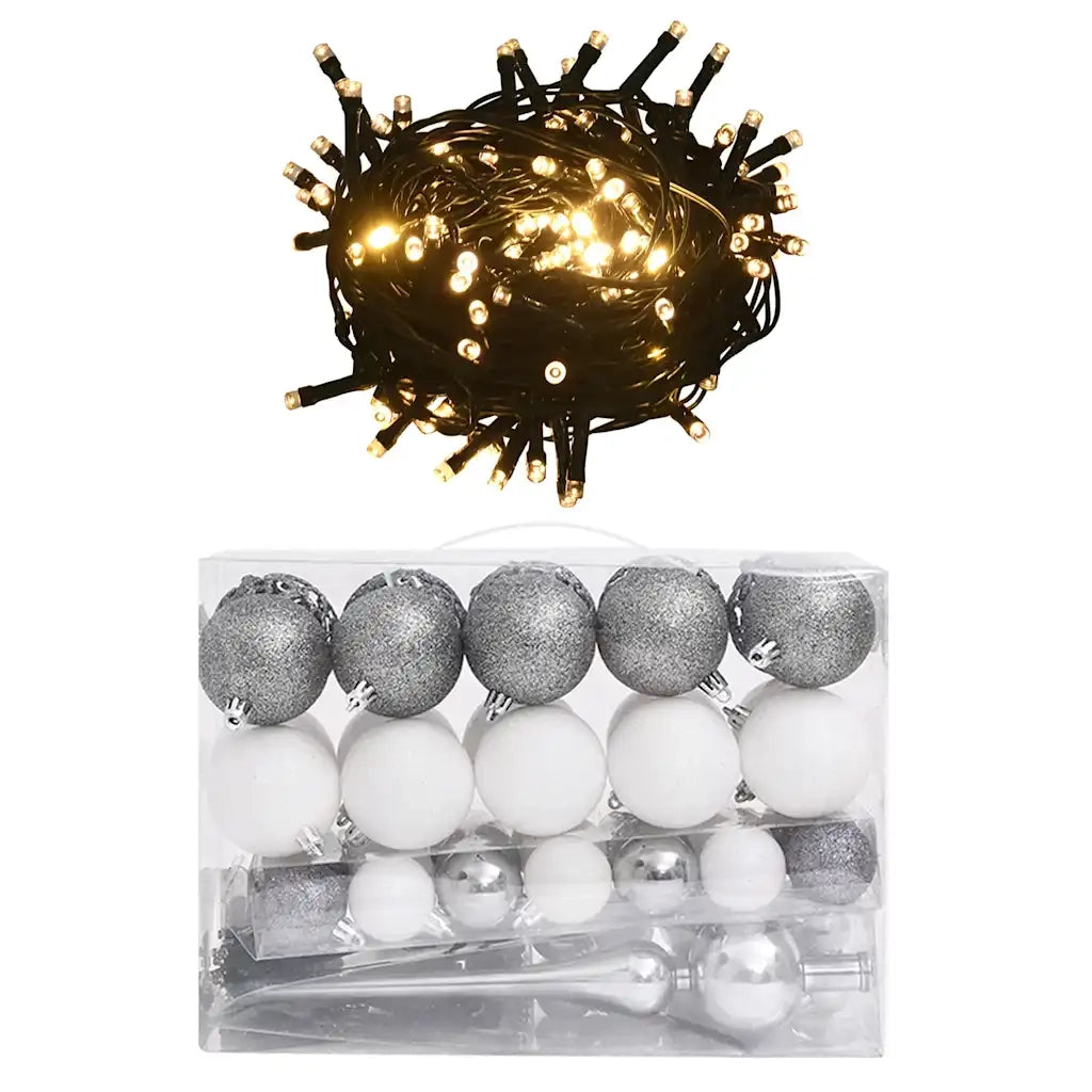Set Natale con 61 Palline Punta e 150 Luci LED Bianco e Grigio
