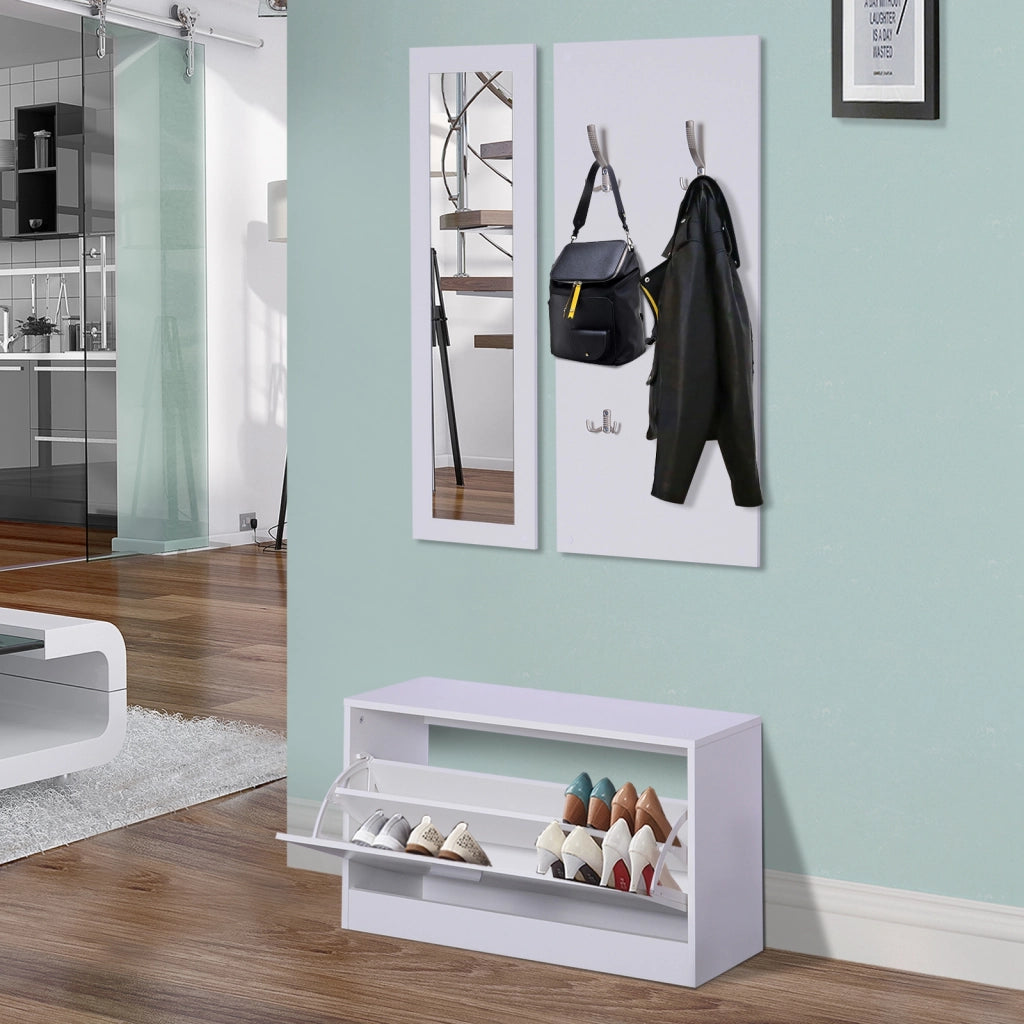 Set di Mobili per Ingresso 3 Pezzi Scarpiera Specchio Appendiabiti con Ganci ¨C Zephmum ¨C 80x27x46,5cm Bianco