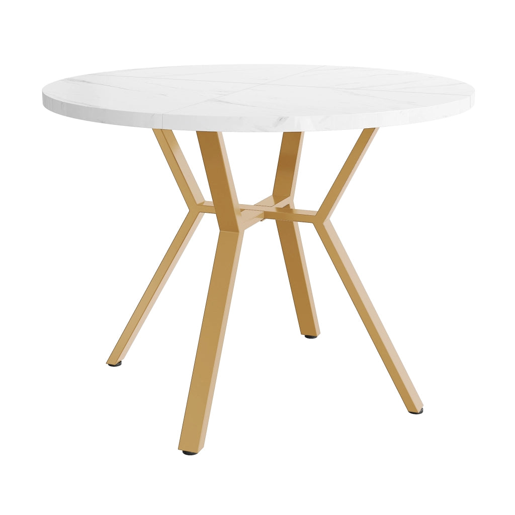 Tavolo da Pranzo Rotondo Effetto Marmo con 4 Sedie in Velluto ¨C MINIMAL ¨C Grigio/Oro, Set 5 Pezzi
