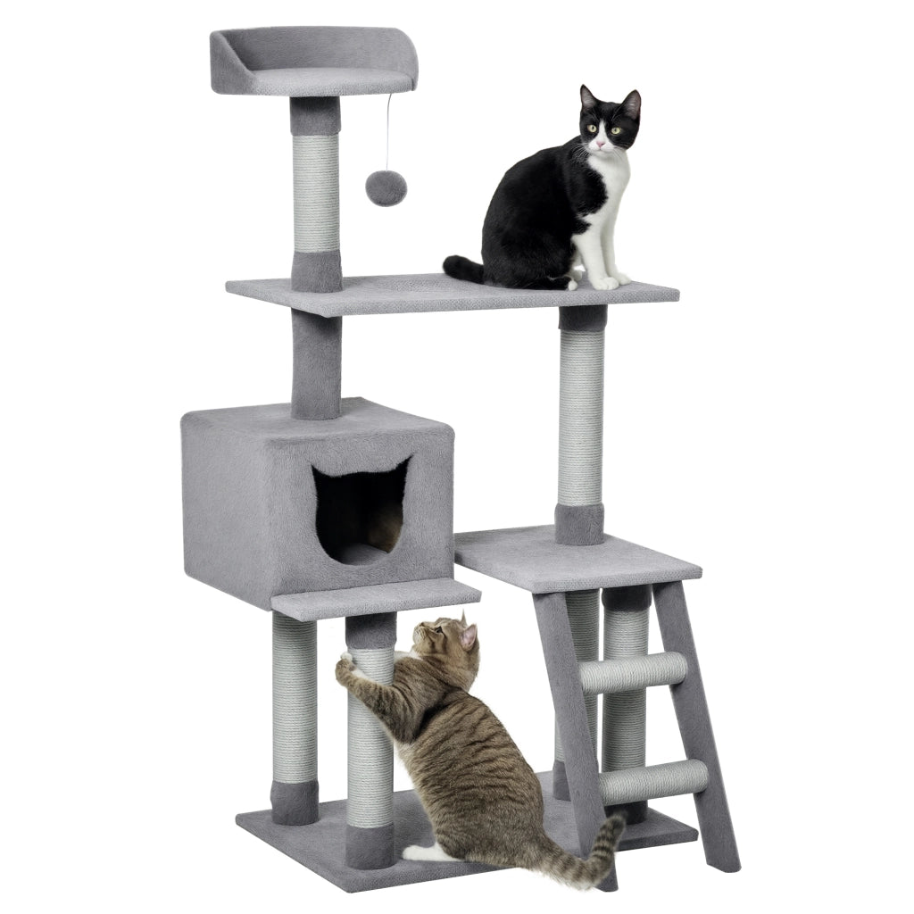 Tiragraffi per Gatti Multilivello con Casetta e Piattaforme ¨C Zephmum ¨C Grigio, Corda di Juta, 61x40x124