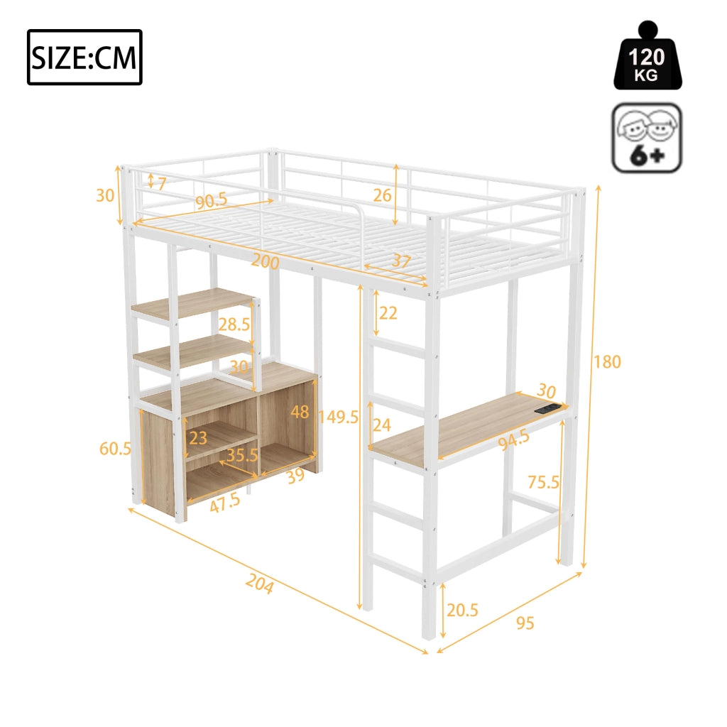 Letto a castello bianco con scrivania funzione presa usb scaffali in metallo 90x200 cm