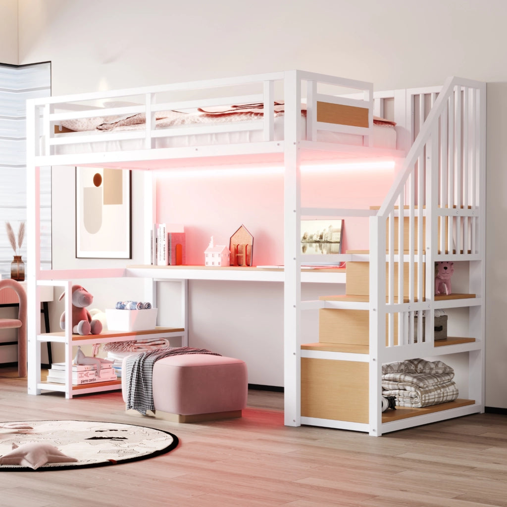 Letto a soppalco 90 × 200 cm con scala contenitore, ripiani, tavolo, barriera di sicurezza, senza materasso, bianco