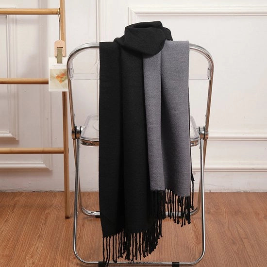 Sfondamento per abbigliamento 200 x 70 cm, nero e grigio chiaro, scialle di lana di cammello per donna, scialle di lana, stile pennello a doppia faccia, inverno, super spesso, super grande scialle, inverno, nuovo scialle caldo e spesso di lana