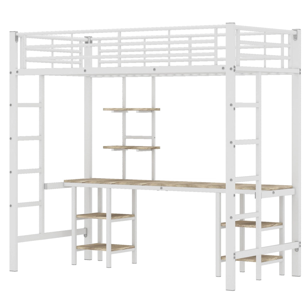 Letto a castello 90x200 cm con scrivania e scaffali in metallo e MDF; bianco
