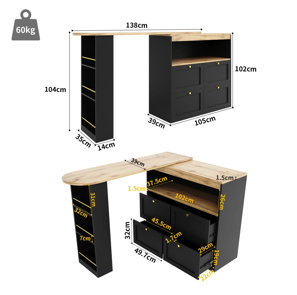 Mobile modulare nero in MDF con 4 cassetti e ripiano laterale girevole a 360°