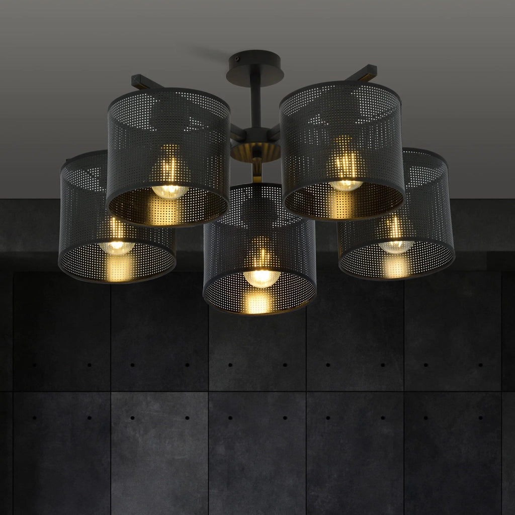 Plafoniera Industrial 5 Luci Cigno In Acciaio Nero E Paralumi A Cilindro