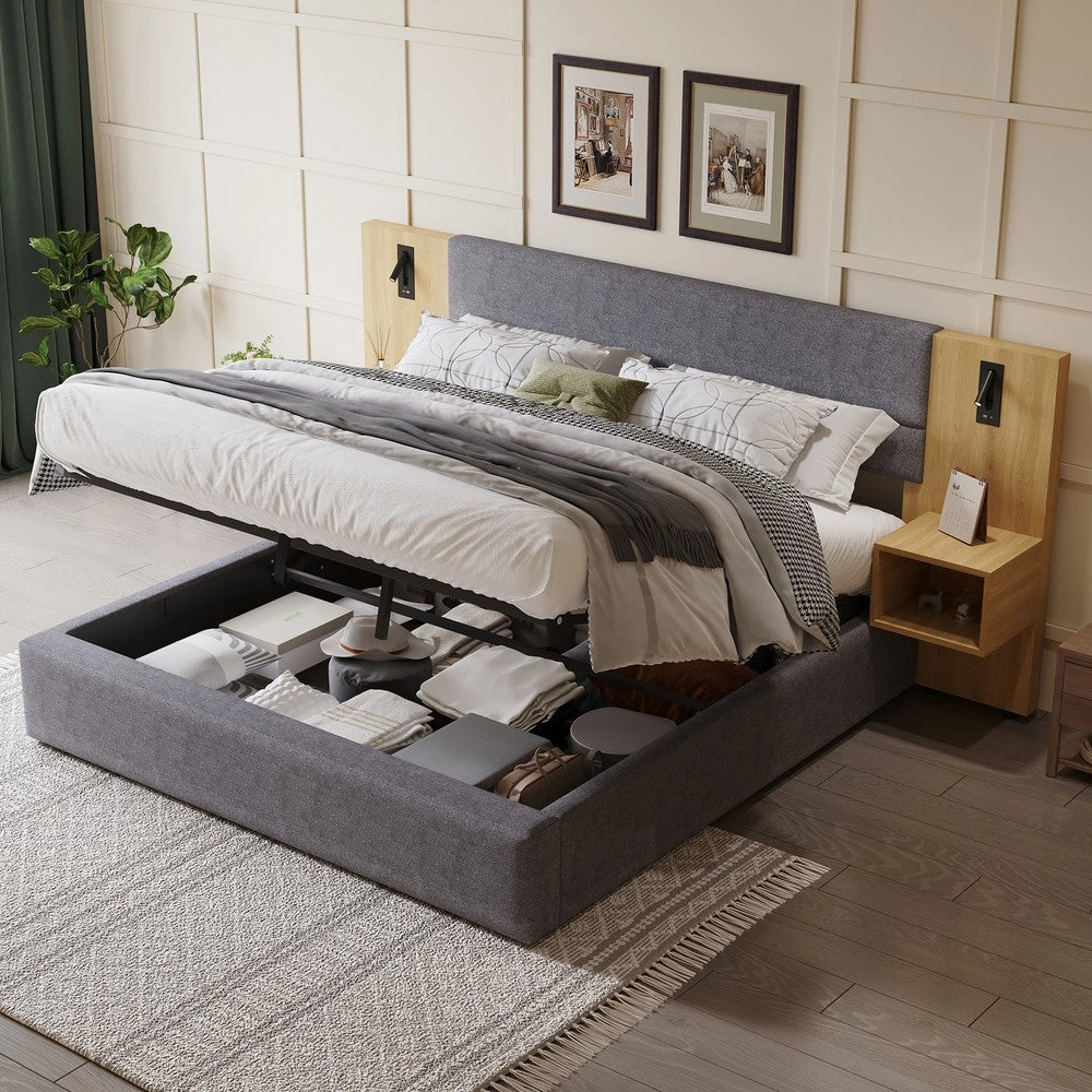 Letto Imbottito Matrimoniale con LED e Comodini ¨C Xylo ¨C Velluto Grigio, Idraulico, 180x200