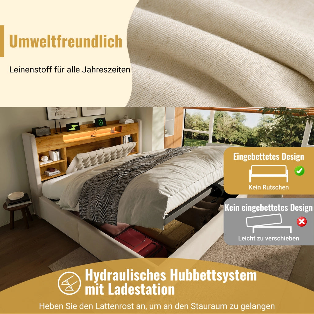 Letto contenitore matrimoniale 160 × 200 cm con LED, 3 USB e Type-C, ripiani, senza materasso, beige