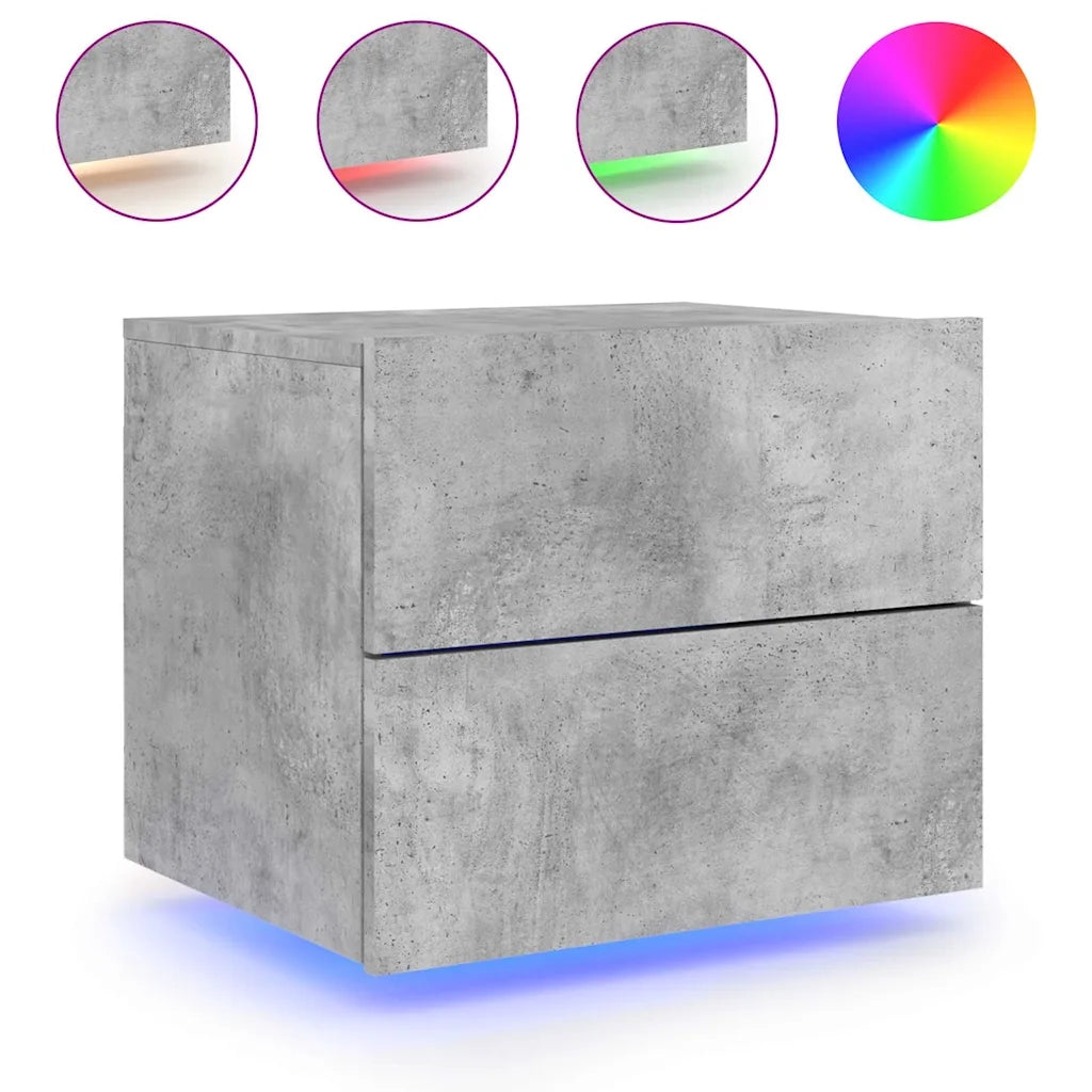 Comodino a Parete con Luci LED-Tavolino da notte sospeso Grigio Cemento 196429