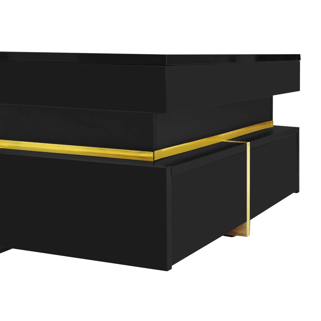 Tavolino da caffè 70x70x35.5 cm; finitura lucida con due cassetti; truciolato nero
