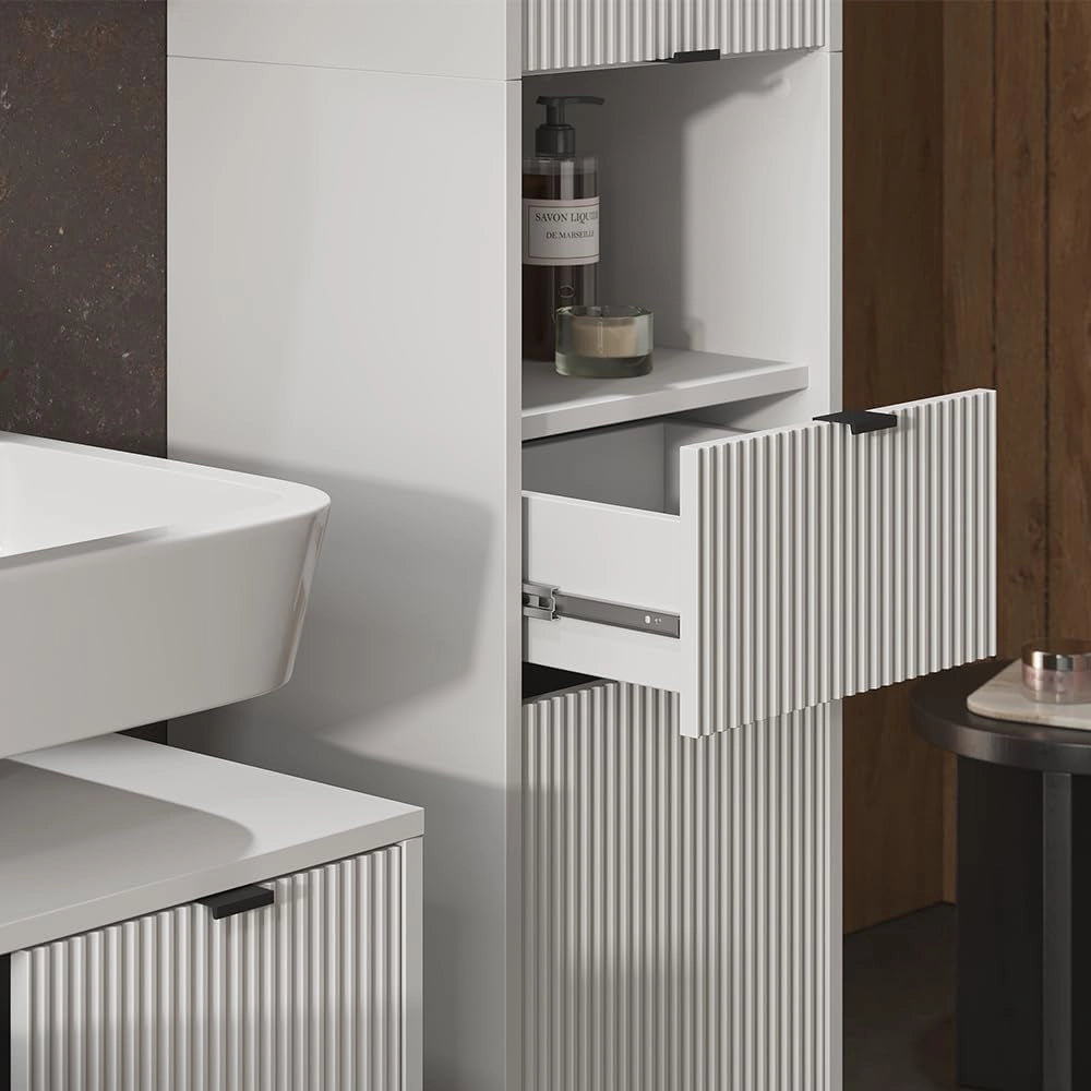 Mobiletto da bagno Eliza, Bianco, 40 x 190 cm con ante e cassetto, per la conservazione di accessori da bagno e combinabile con la serie Eliza