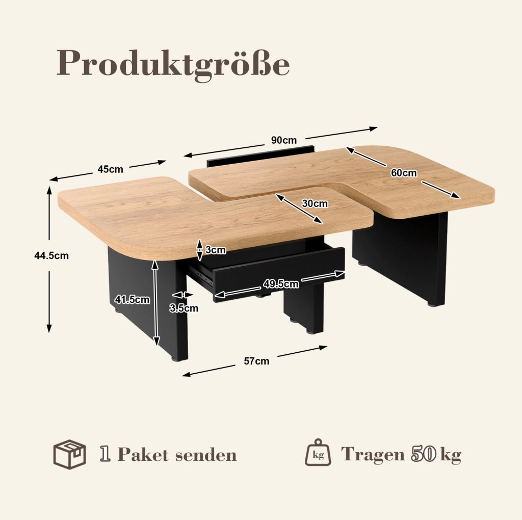 Tavolino da caff猫 2 in 1 con LED; 90 x 60 x 44;5 cm; in MDF effetto legno naturale e nero