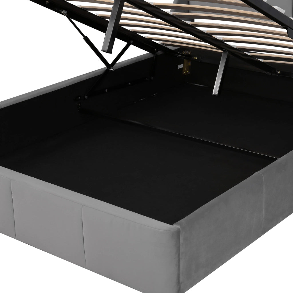 OKWISH Letto Contenitore 140×200 cm, Letto Matrimoniale con Sollevamento Idraulico, Testiera a Orecchie e Rete, senza Materasso, Velluto Grigio