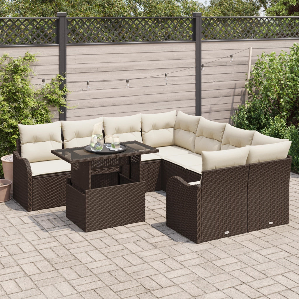 Set di Divani da Giardino 9 Pezzi con Cuscini Polyrattan Marrone