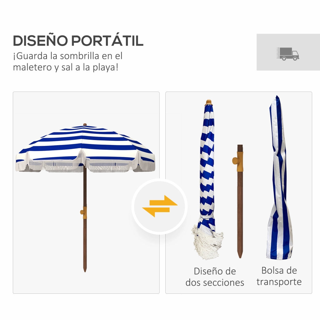 Ombrellone da spiaggia con frange ¨C zephmum ¨C blu e bianco 190x210 cm