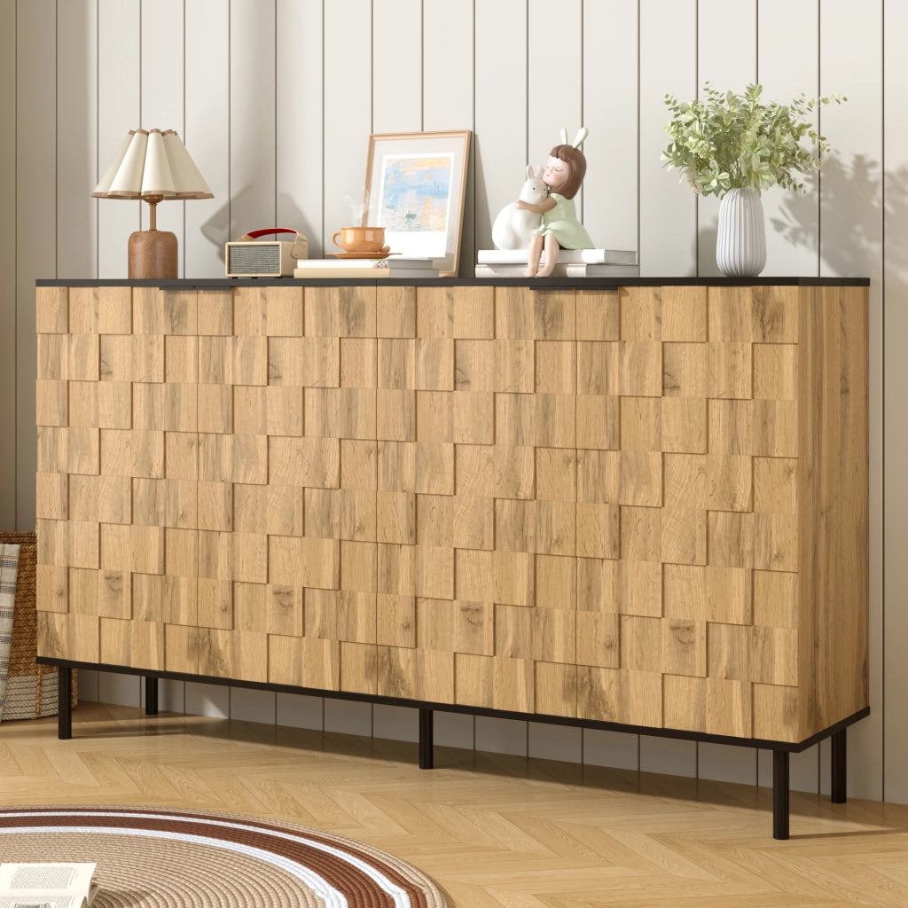 Credenza a 2 ante con ripiano fisso, effetto mosaico, per soggiorno, in truciolato, naturale e nero, 160 × 35 × 80,5 cm