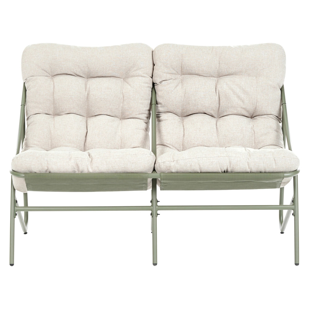Set da esterno: struttura in acciaio verde e beige, sedute in tessuto divano a due posti con poltrone e tavolino