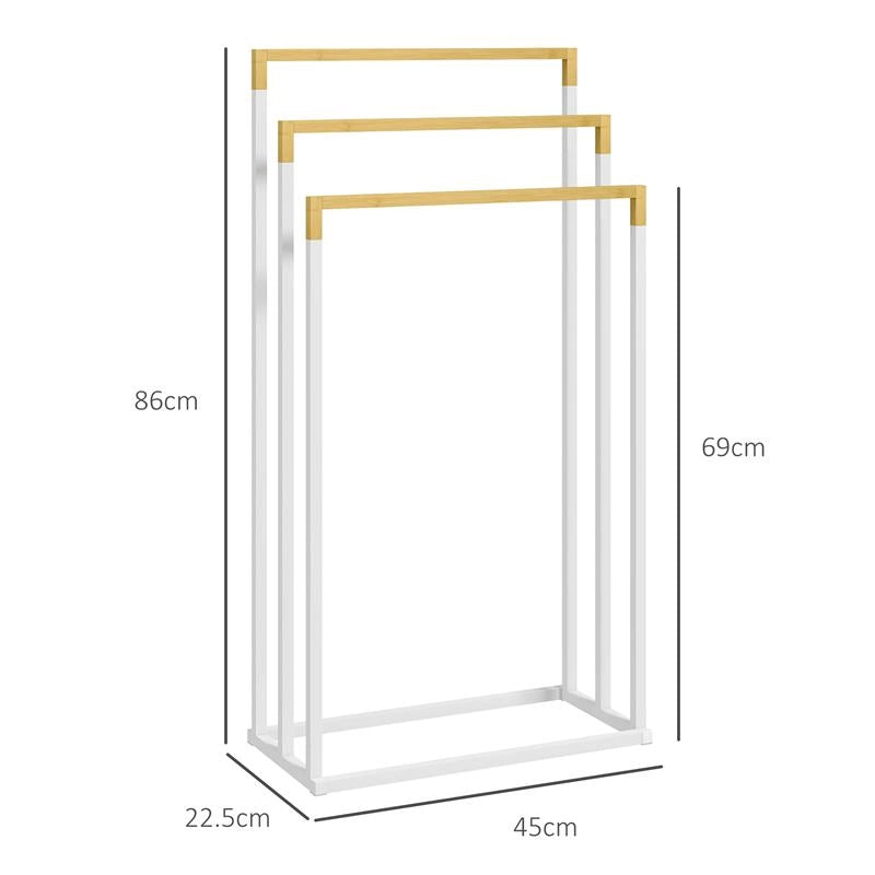 PORTASCIUGAMANI AUTOPORTANTE A 3 SBARRE IN BAMBÙ E ACCIAIO, 45X22.5X86 CM, BIANCO E COLOR LEGNO