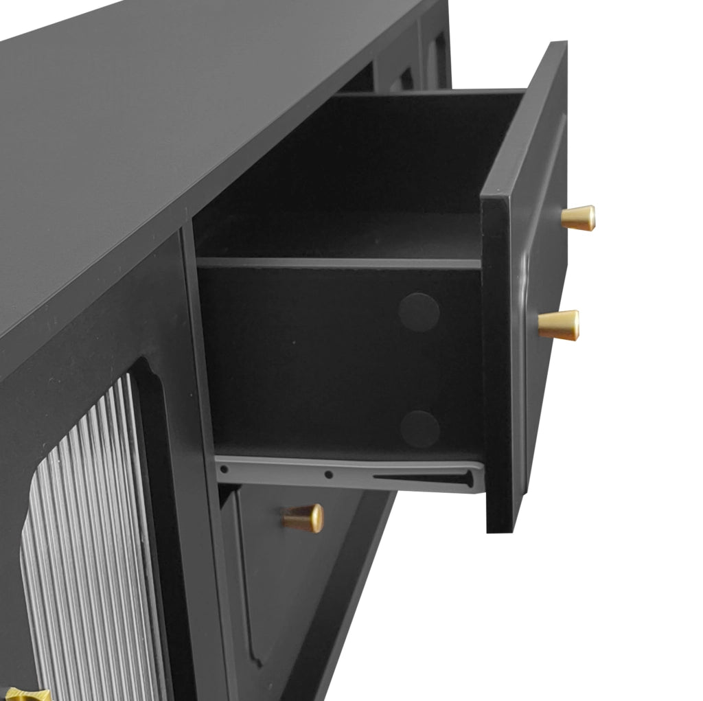 Mobile TV nero 177x38x55,5 cm con 4 ante in vetro rigato e cassetti push-to-open