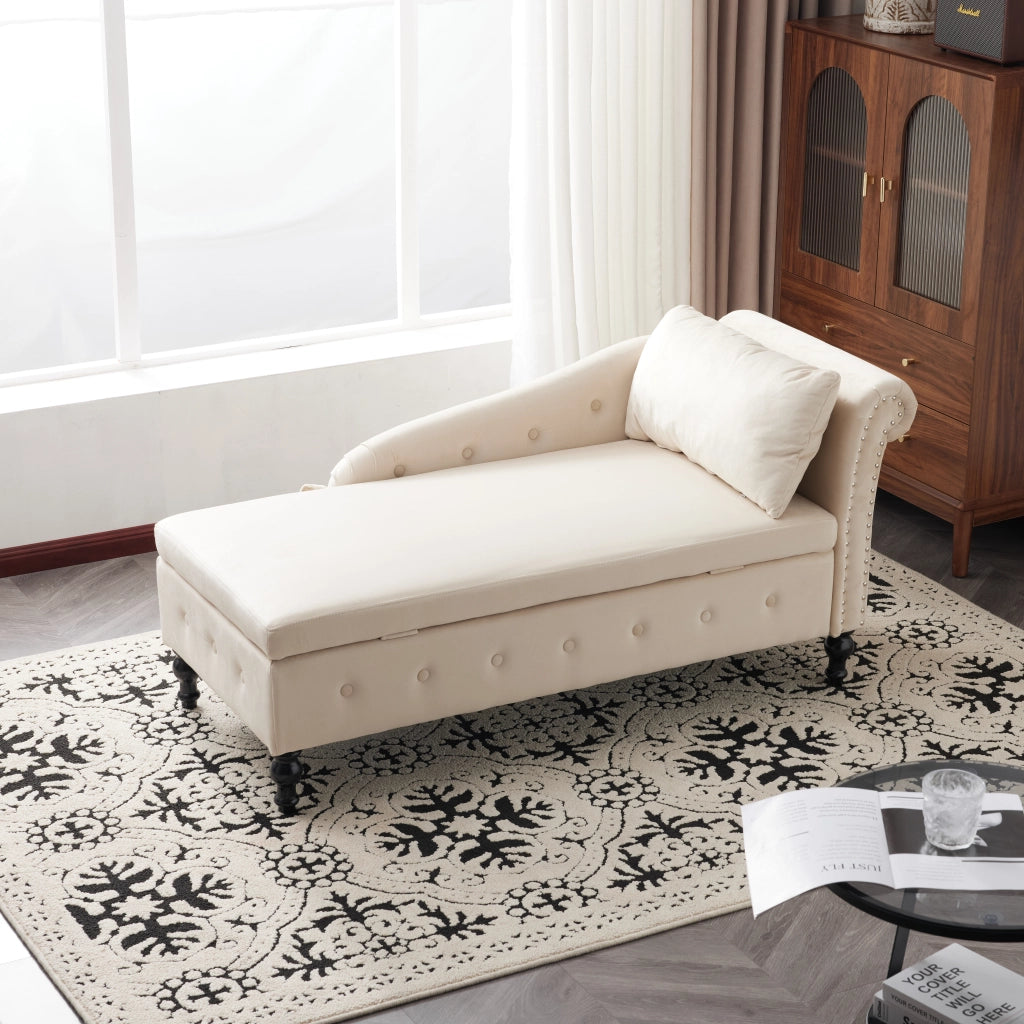 Chaise longue con contenitore in velluto con cuscino e bracciolo destro beige per salotto interno 144 × 62 × 69 cm