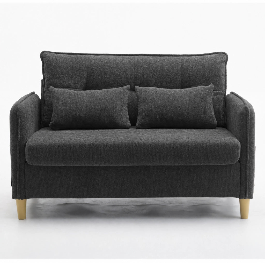 Divano 2 posti ULEVR 127 cm in ciniglia grigio scuro con braccioli, tasche laterali e cuscini