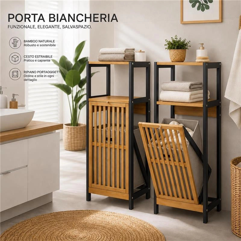MOBILE DA BAGNO IN LEGNO CON ANTA, RIPIANO IN BAMBOO E PORTABIANCHERIA IN TESSUTO - COLORE NERO DIMENSIONI 36X33X98 CM