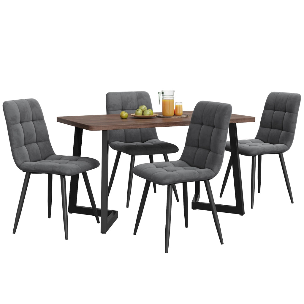Set pranzo 5 pezzi noce e grigio scuro con tavolo MDF e 4 sedie in velluto