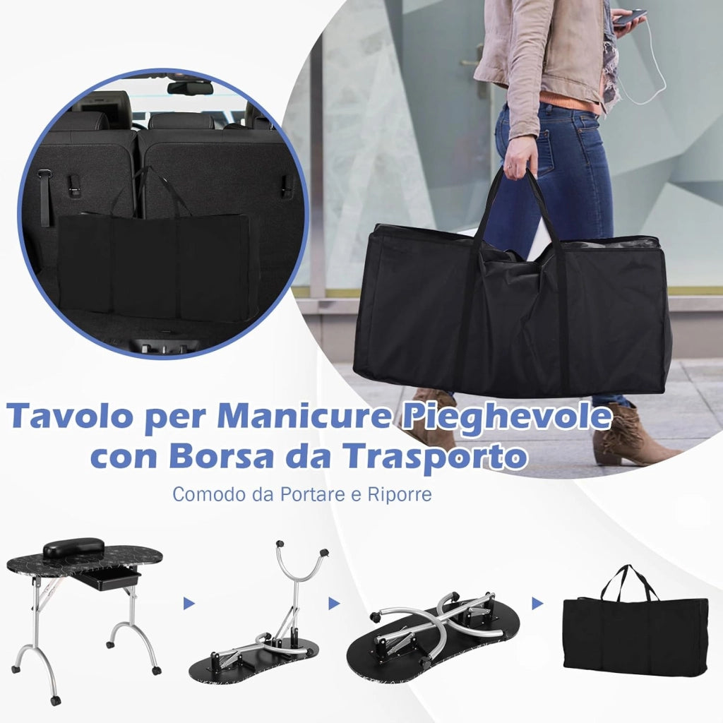 COSTWAY Tavolo per Manicure, Tavolo per Unghie Pieghevole per Estetista con Ruote, Cassetto e Cuscino Poggiapolsi (Nero)