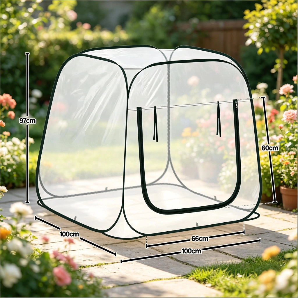 Semenzaio da giardino pop up con apertura a cerniera a U e ventilazione in PVC e metallo trasparente 100 × 100 × 97 cm
