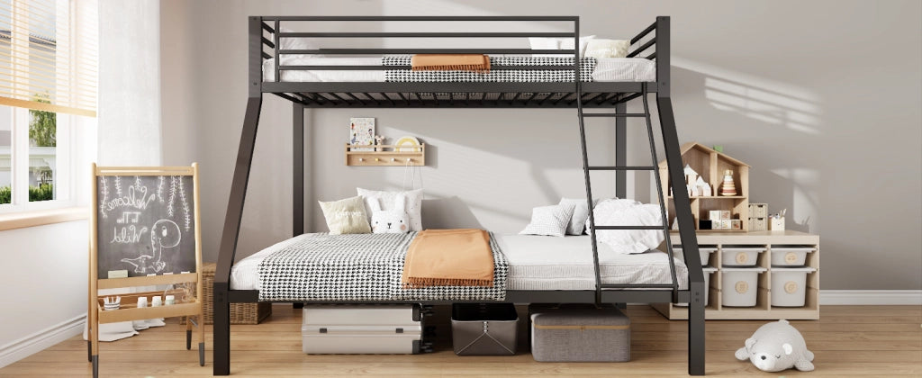 Letto a castello a 3 posti 90 × 200 e 140 × 200 con scala reversibile, struttura silenziosa, senza materasso, nero