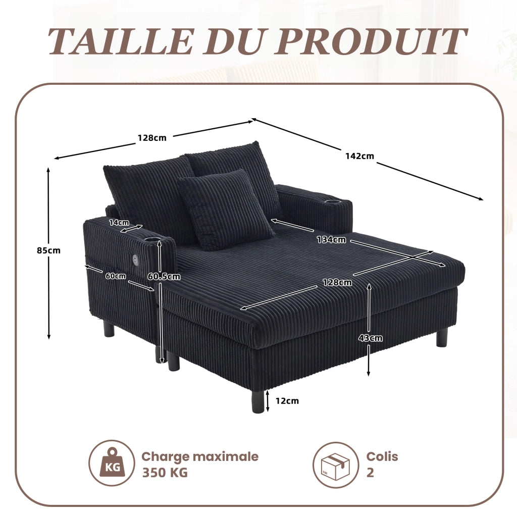 OKWISH Chaise Longue con USB, LED Multicolore e Portabicchieri, Seduta Profonda e Schienale Ergonomico, Velluto a Coste, Nero