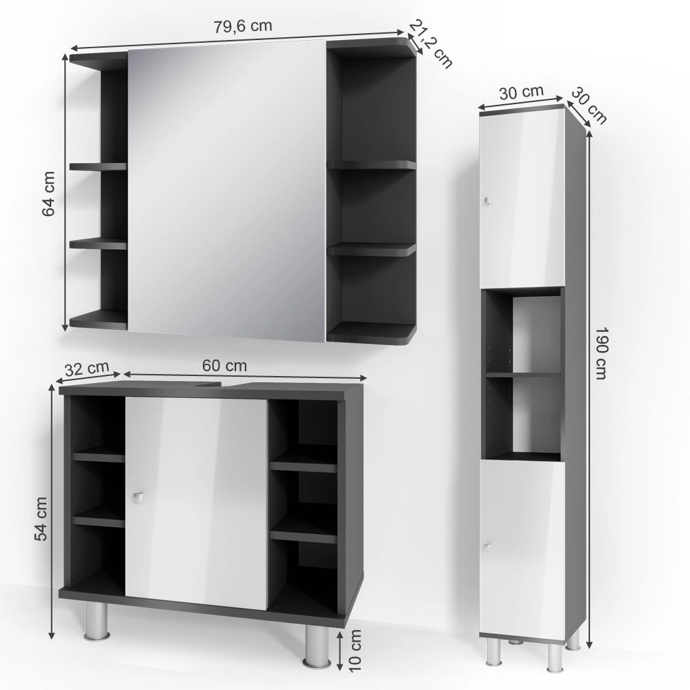 Vicco Set mobili bagno Antracite 3 parti, con colonna