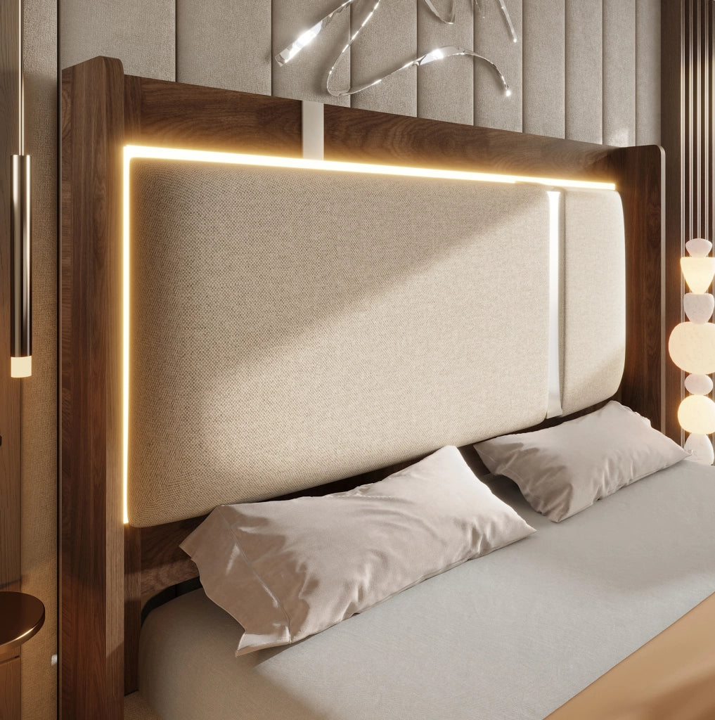 Letto matrimoniale 140x200 cm con contenitore; LED e testiera imbottita in lino beige e noce