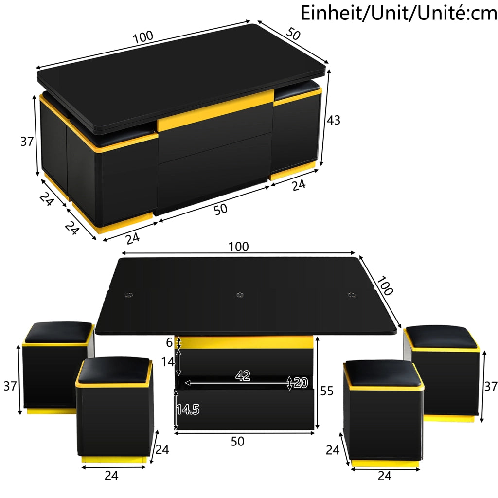TAVOLINO Alzabile e ribaltabile 100x50x43 cm Nero e Giallo Set con 4 sgabelli