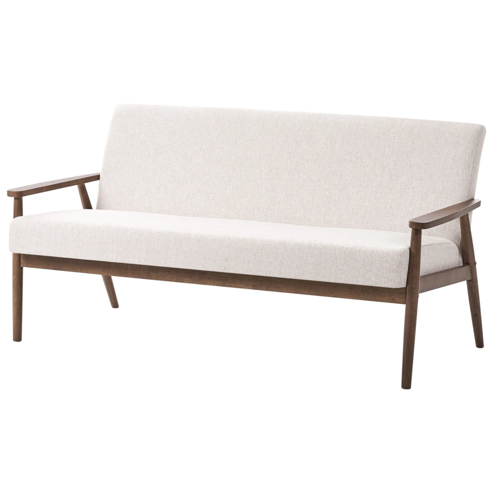 Divano da salotto a 3 posti in tessuto e struttura in legno beige e marrone scuro struttura in legno stile retrò