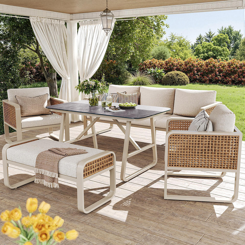Set da giardino per 6-7 persone - Xylo - Tavolo e divano con cuscini lavabili, beige