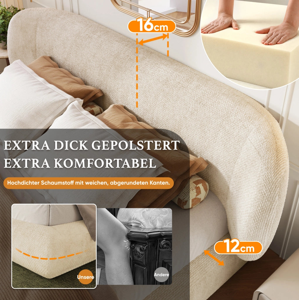 Letto matrimoniale imbottito 180 x 200 cm in ciniglia beige con rete a doghe e testiera