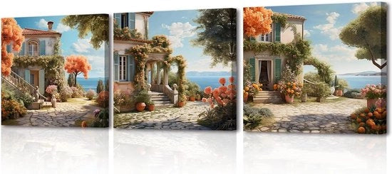 Stampo di immagine su tela del casa al mare - paesaggio marino foto moderna per bagno cucina soggiorno - 3 x 30 x 30 cm in cornice