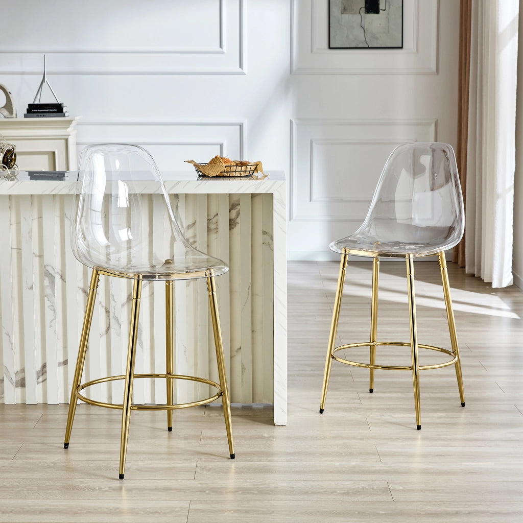 Sgabello da bar trasparente 2 pezzi con schienale ergonomico e seduta 66 cm, gambe in metallo oro, plastica trasparente