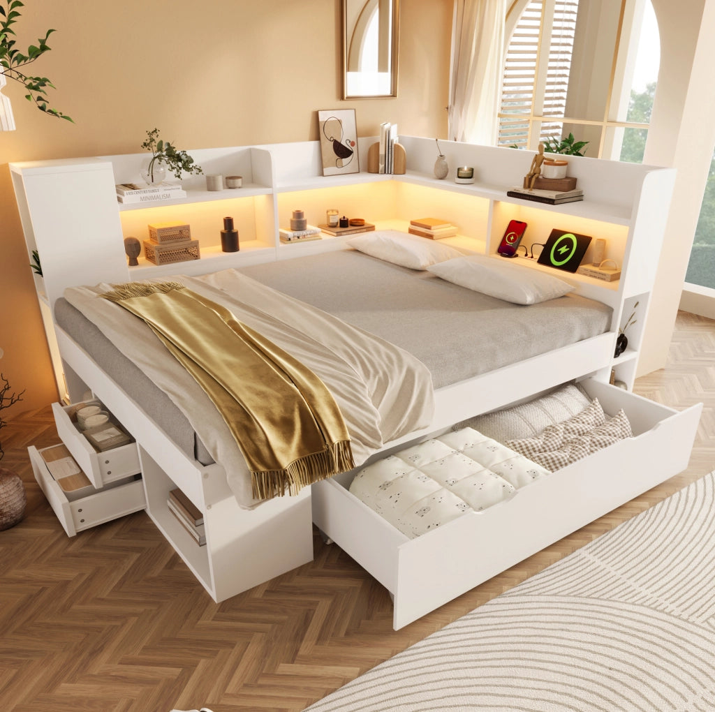 Letto da giorno 140x200 cm bianco con LED, USB e cassetti