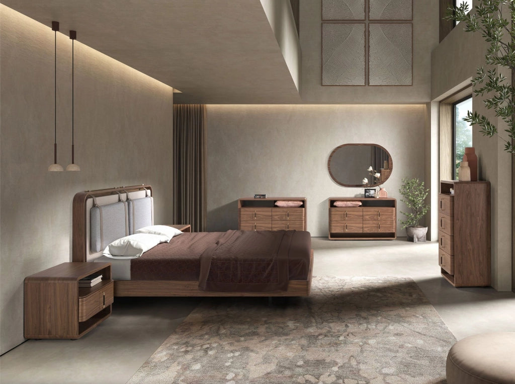 Letto in tessuto color beige e grigio