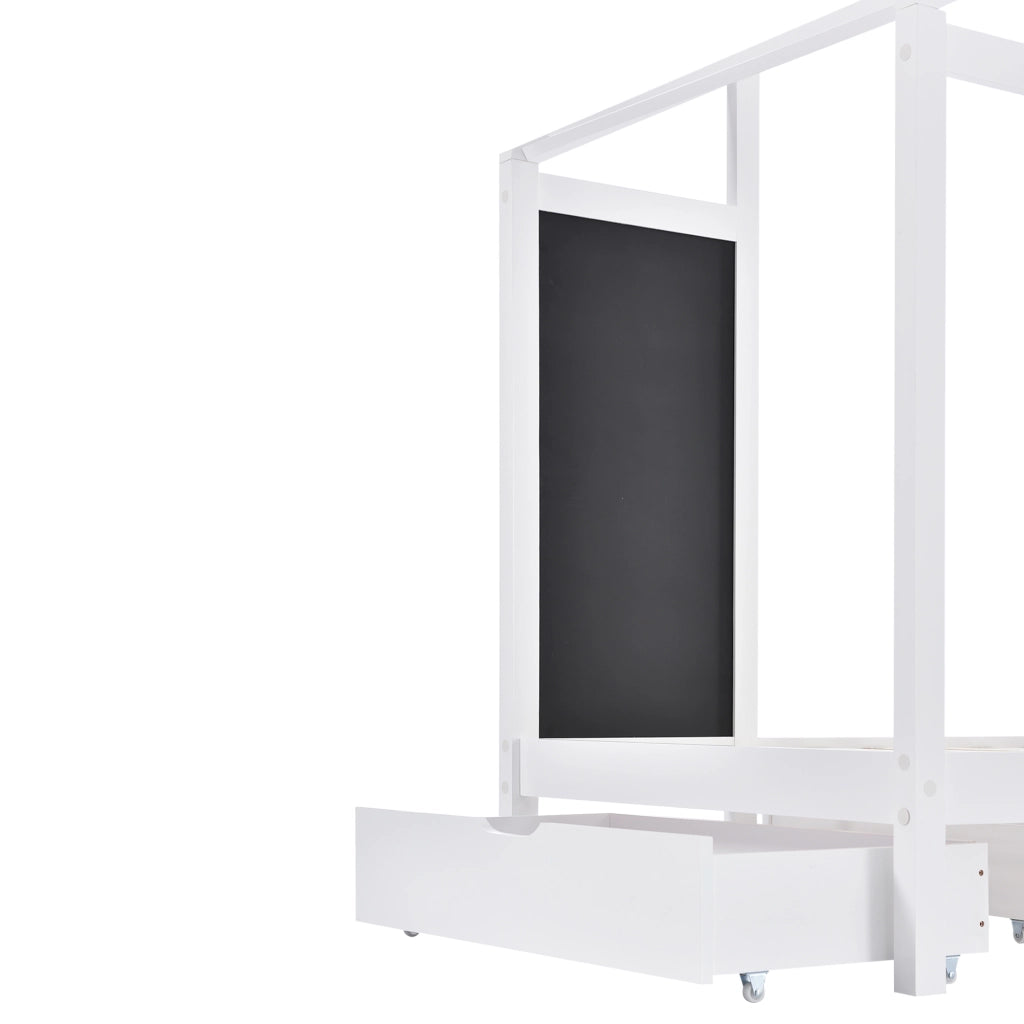 Letto Casetta 90 x 200 cm con 2 Cassetti e Lavagna; con Sponda in Legno - Bianco