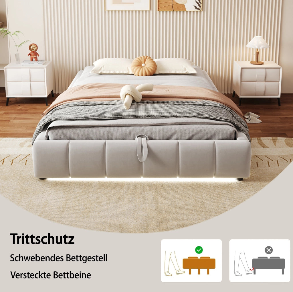 Letto imbottito 140x200 cm con vano contenitore LED beige