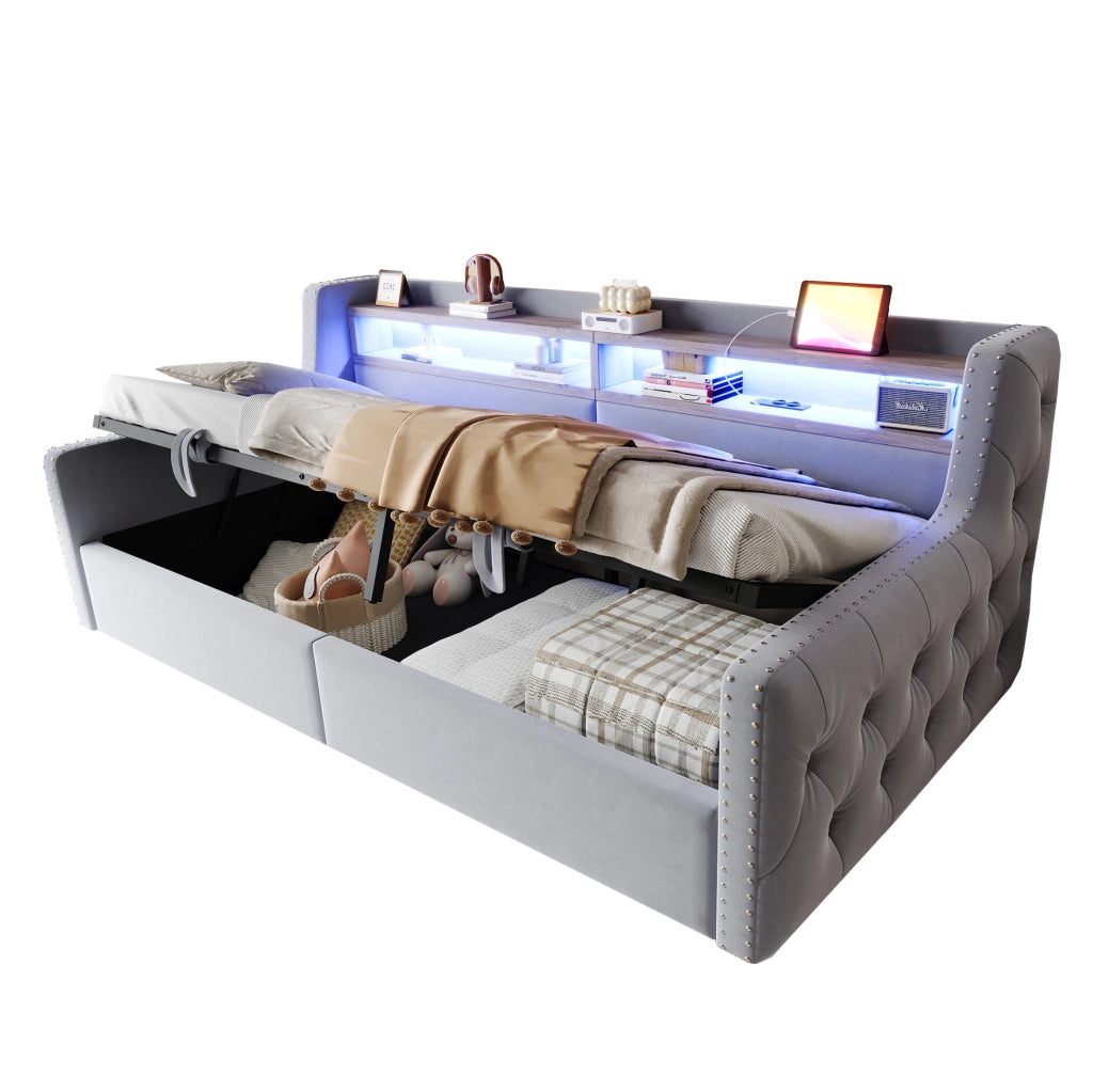 Divano letto 90x200 cm; contenitore idraulico e LED; velluto grigio chiaro