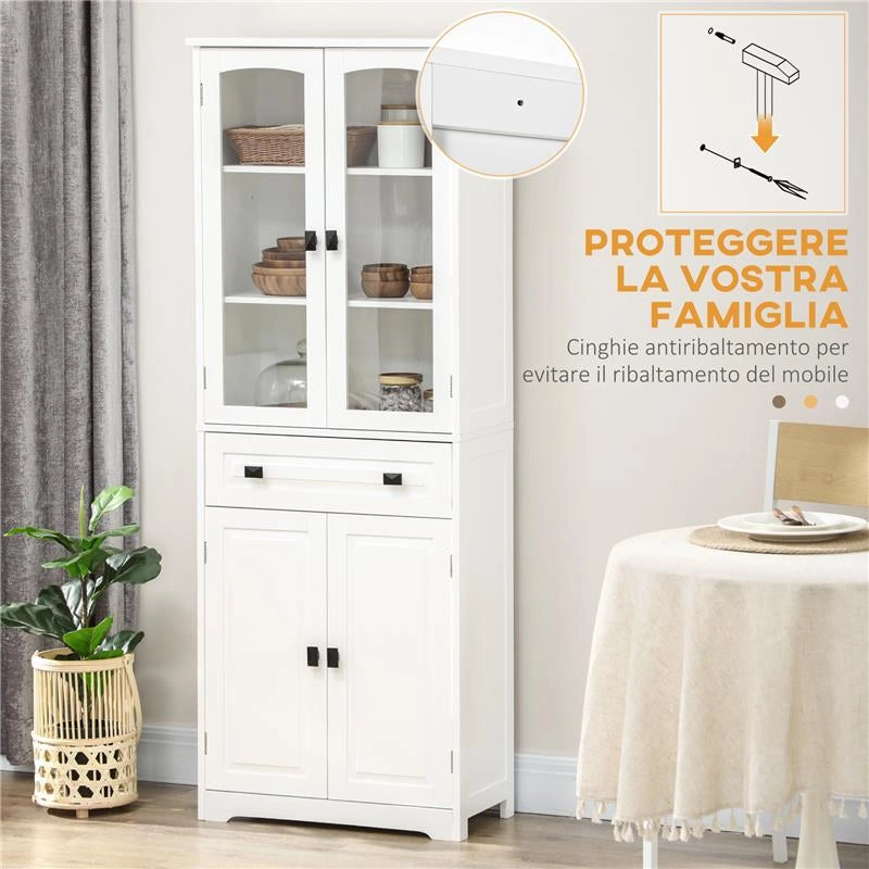 CREDENZA DA CUCINA ALTA CON 2 ARMADIETTI E CASSETTO, ANTE A VETRI E RIPIANI REGOLABILI, 60X30X160CM, BIANCO