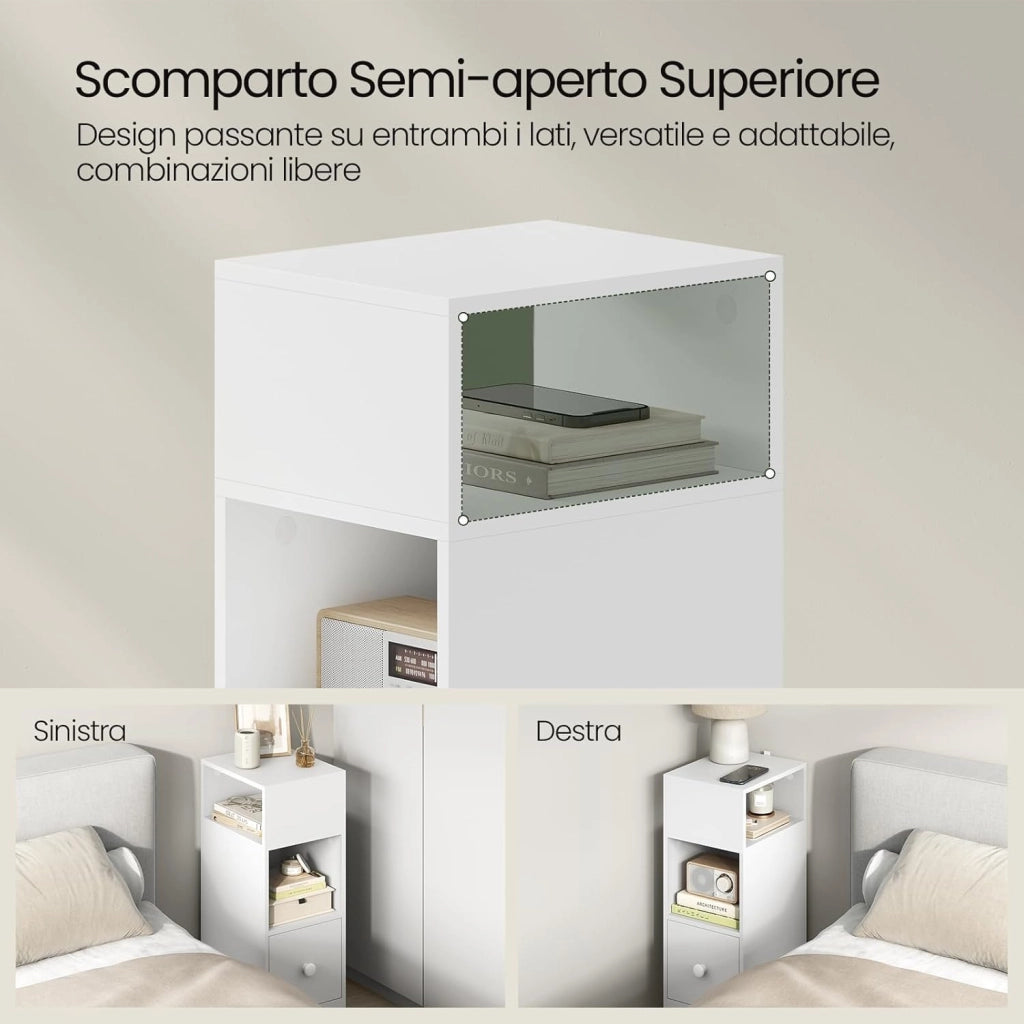 Set di 2 Comodino Stretto, Comodino con 2 Scomparti a Giorno e Cassetto, Tavolino da Notte 25x30x66cm, Mobile Salvaspazio per Camera da Letto, Soggiorno, in Truciolato, Bianco, 0179ZZ-2