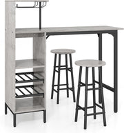 Set 3 Pezzi Tavolo e Sedie da Bar, Tavolo e Sgabelli da Pub Industriale con Porta Calici e 6 Portabottiglie da Vino, Set di Tavolo per Sala da Pranzo, Ristorante e Bar (Grigio)