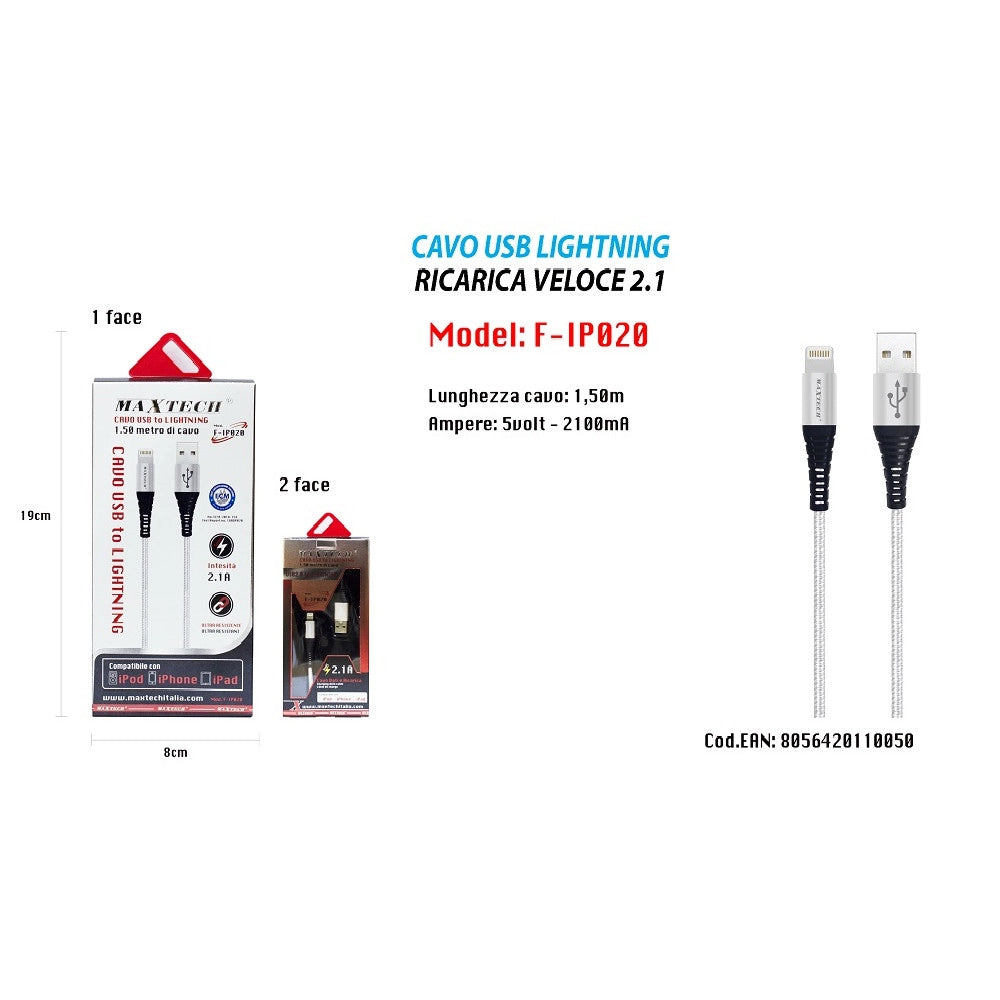 Trade Shop - Cavo Usb 1,5mt Caricabatteria Usb 2.1 Lightning Iphone Ipad Ipod Maxtech F-ip020 -